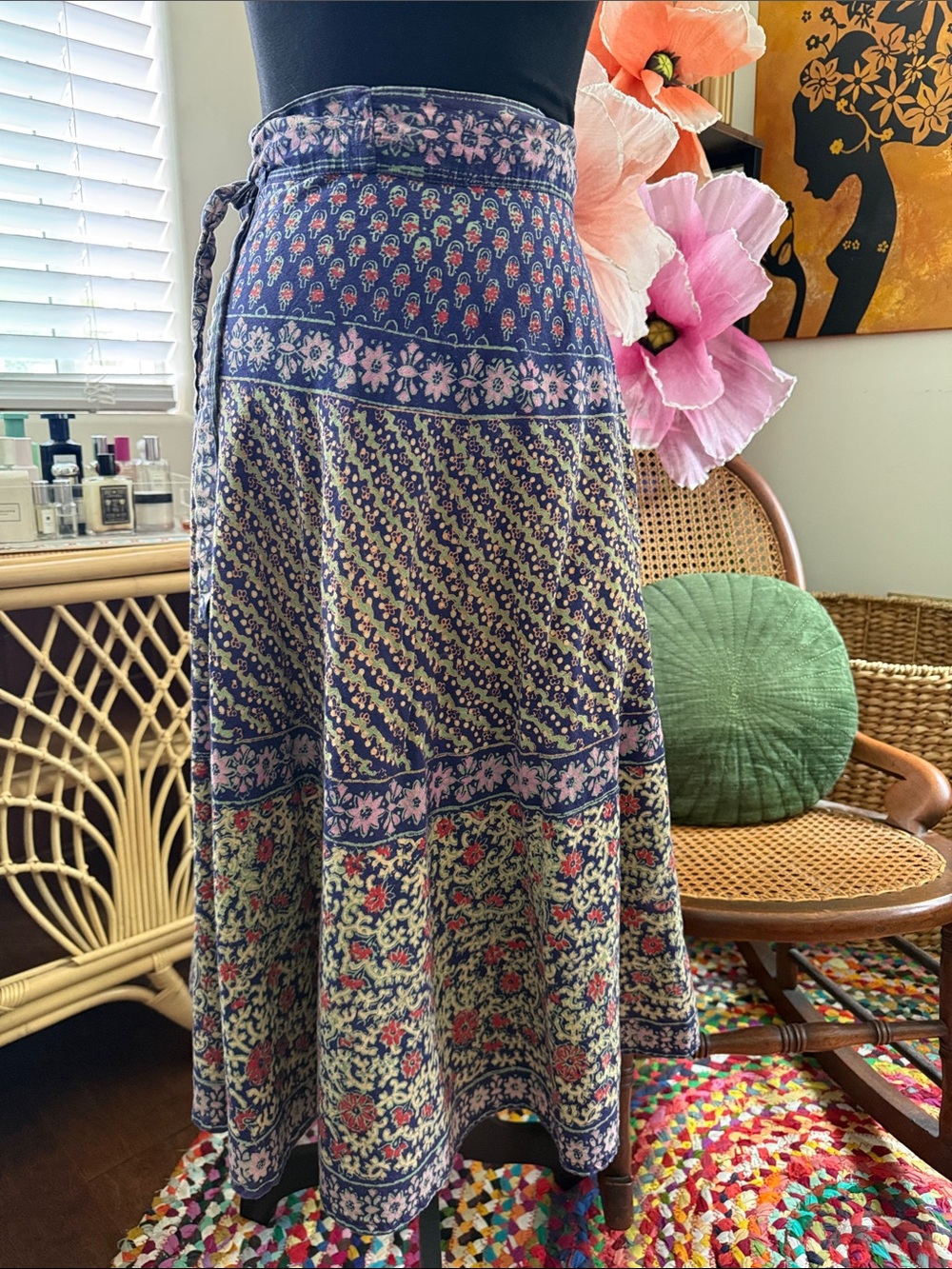 Vintage 80s/90s Floral Paisley Batik Boho Hippie Garden Cottage Wrap Skirt